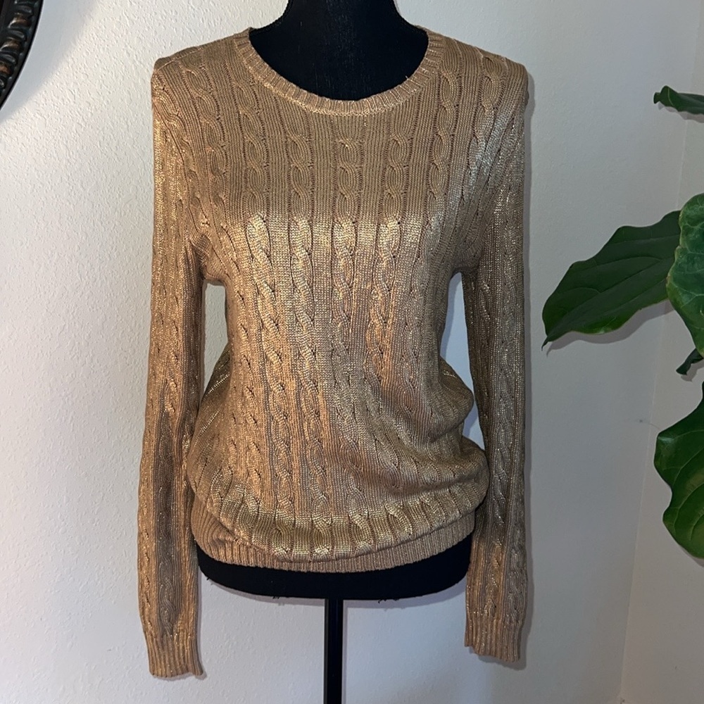 Ralph Lauren Women’s Gold Metallic Cable Knit Cotton Blend Crewneck Sweater M - Picture 13 of 16